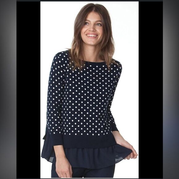 Chaps Mock-Layer Polka-Dot Top Size Large Navy and White - Picture 1 of 11